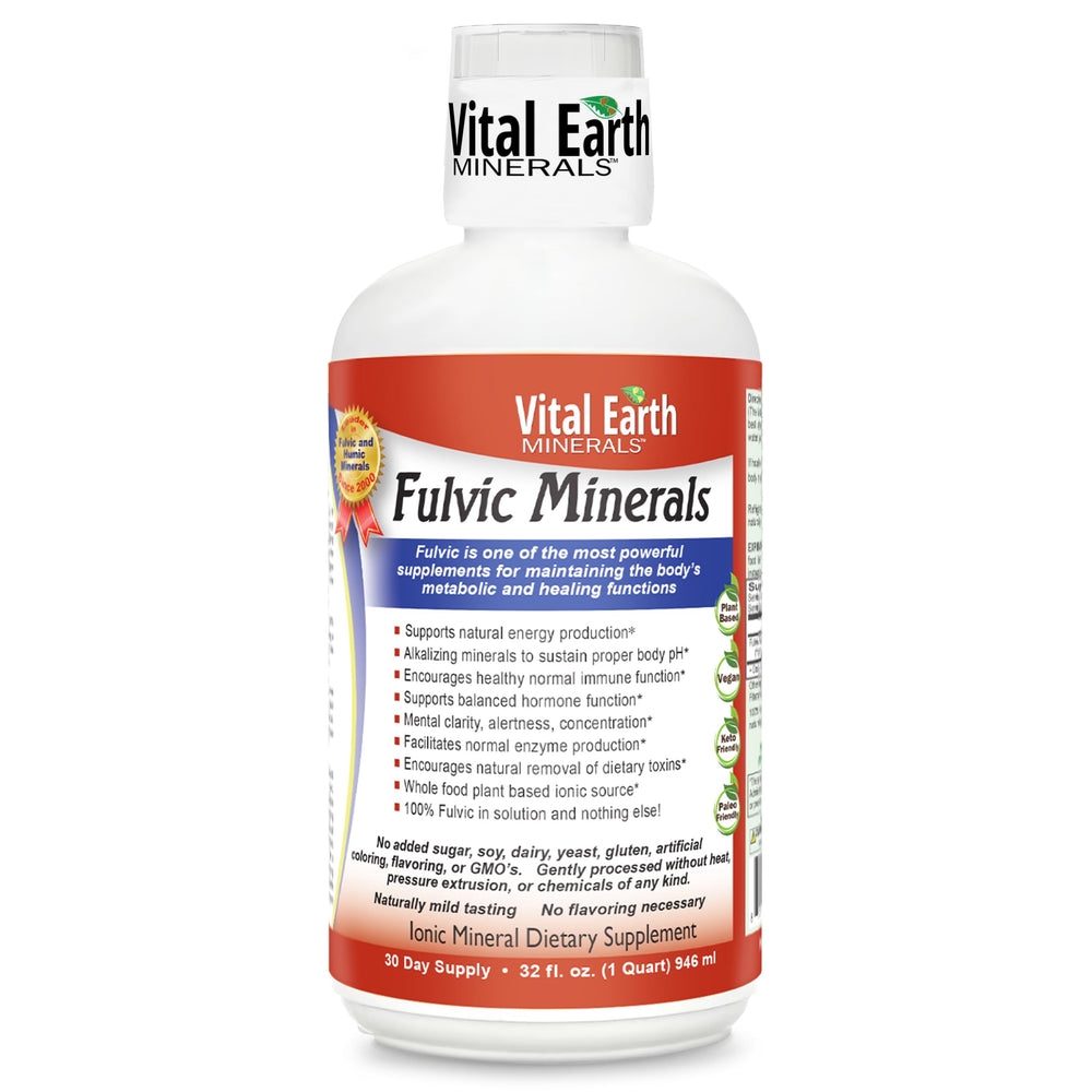 Front view of Vital Earth Fulvic Minerals Liquid 32oz bottle