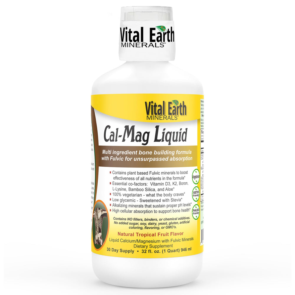 Vital Earth Minerals Cal-Mag Liquid bottle label highlighting the supplement's features