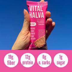 Vital Halva nutrition panel highlights 12g protein and 19g fiber per bar.