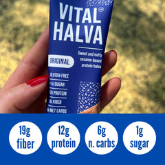 Vital Halva Original Bar on-the-go packaging demonstrates convenient snack option.
