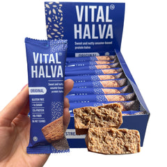 Vital Halva Original Bar packaging highlights gluten-free, plant-based protein snack.