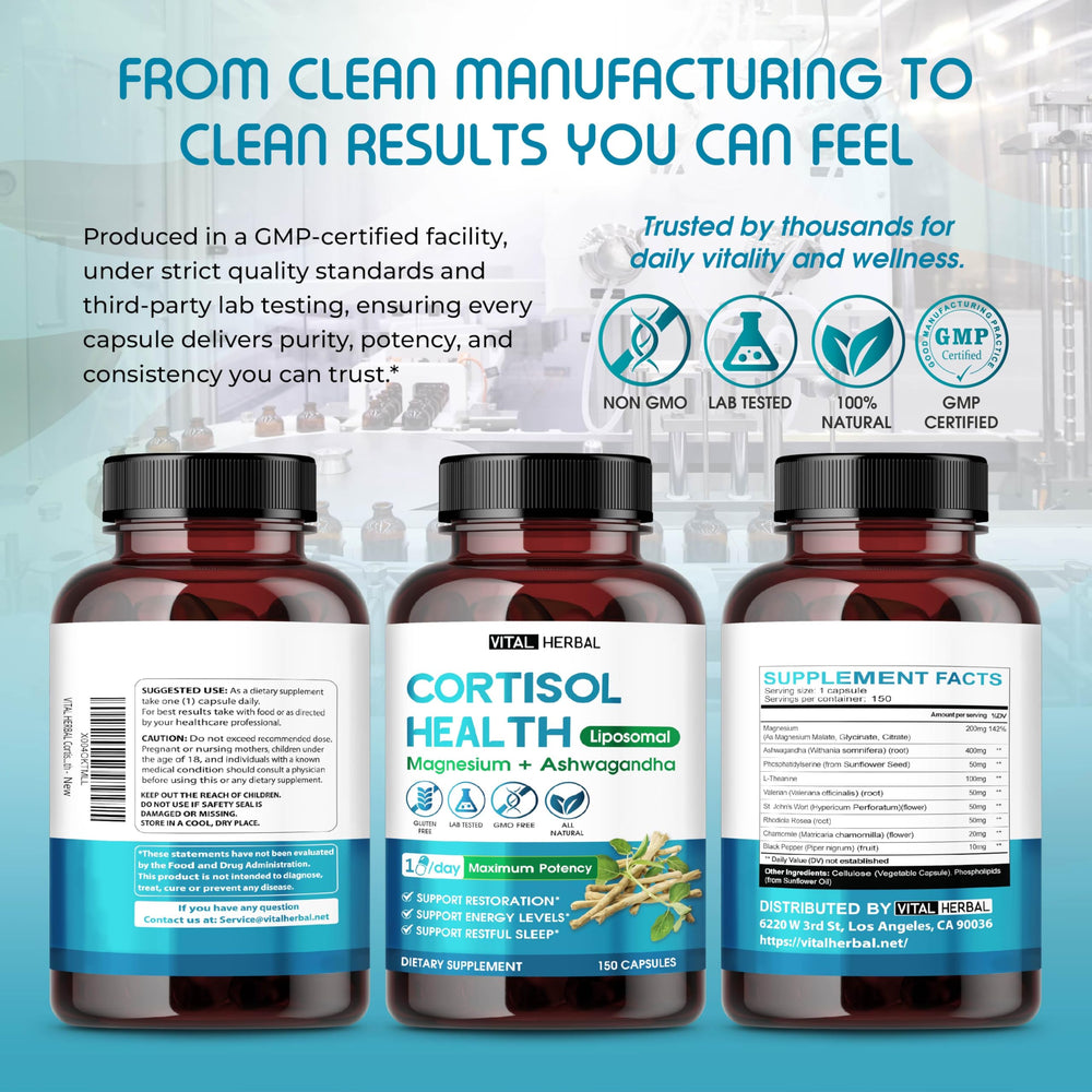 Vital Herbal Cortisol bottle showing a 5-month supply through 150 capsules