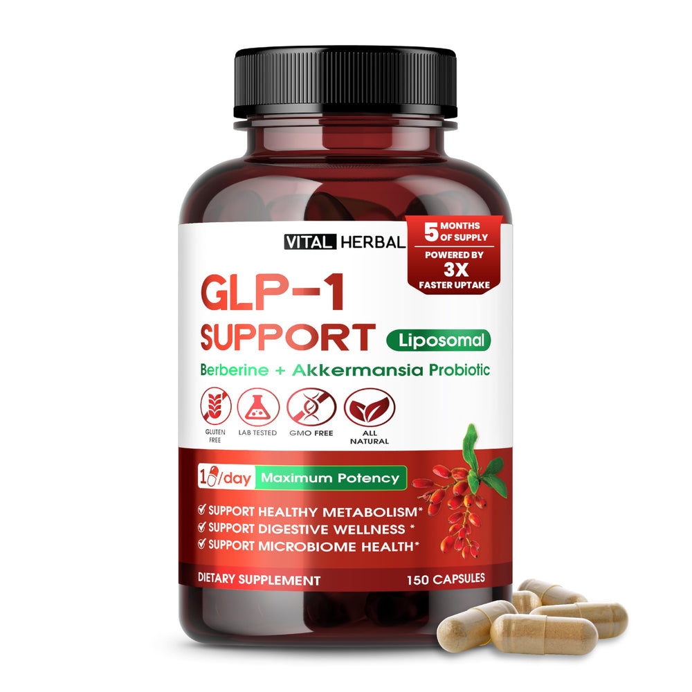 Vital Herbal Liposomal GLP-1 Support bottle featuring Berberine and Akkermansia ingredients