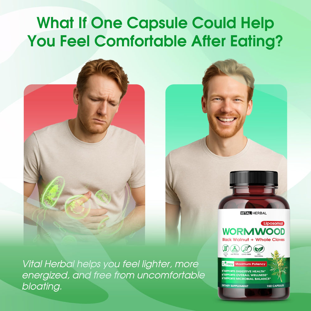 Bottle of Vital Herbal Wormwood Capsules displayed on a surface