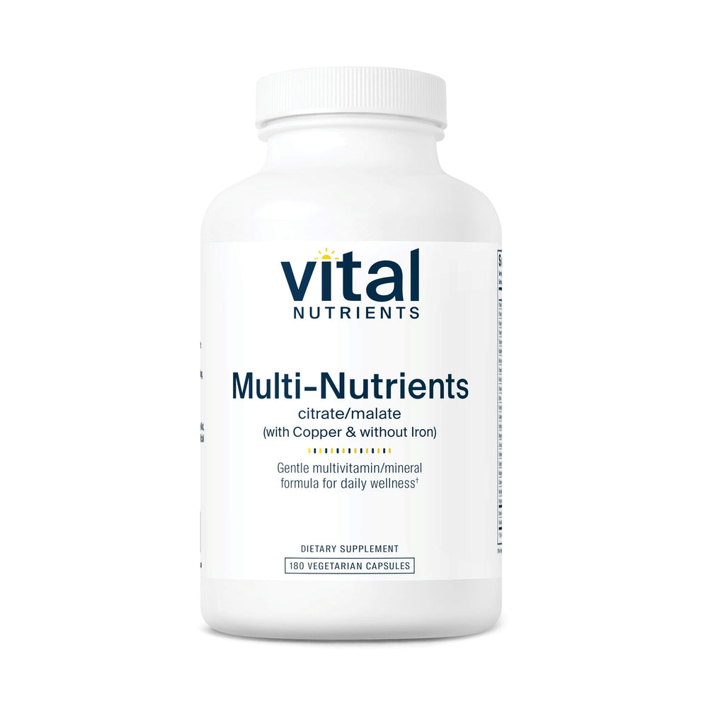 Front view of Vital Nutrients Multi-Nutrients 2 bottle highlighting copper-containing, iron-free citrate/malate formula
