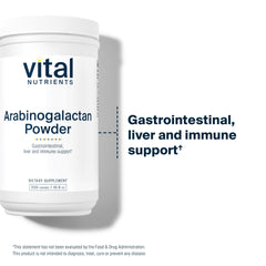 Vital Nutrients arabinogalactan powder in glass with water shows convenient mix