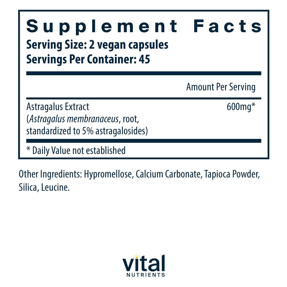Astragalus Root Extract capsules in bottle showing 90 vegetarian capsules