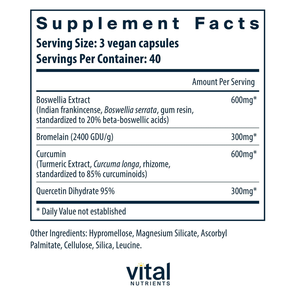 BCQ ingredients panel showing boswellia, bromelain, curcumin and quercetin