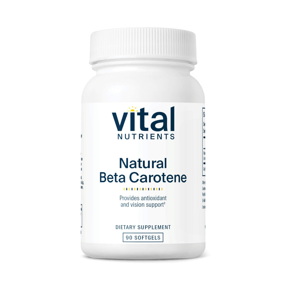 Front view of Vital Nutrients Beta Carotene 25,000IU bottle with 90 softgels