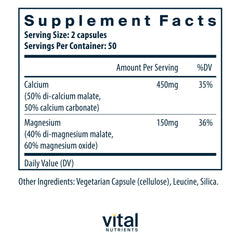 Vital Nutrients calcium-magnesium capsules closeup highlights easy daily use.