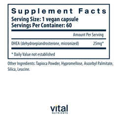 Vital Nutrients DHEA 25mg capsules sit in the bottle, easy-to-take daily metabolism support.
