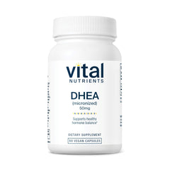 Vital Nutrients DHEA 50mg bottle close-up highlighting the vegan micronized formula for hormone support.