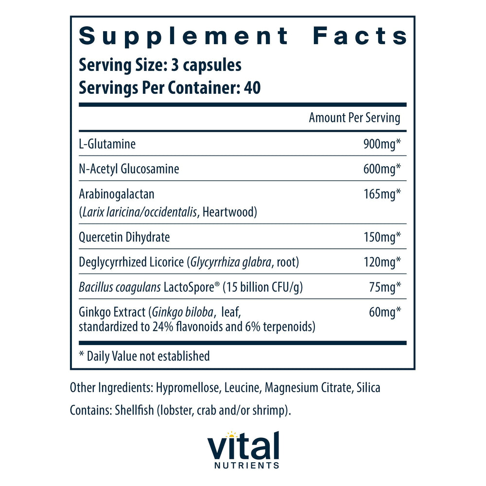Vital Nutrients GI Repair Nutrients DGL panel emphasizes mucus membrane support benefits