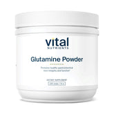 Product label shows Vital Nutrients Glutamine Powder 225 g with 9,600 mg L-glutamine per serving