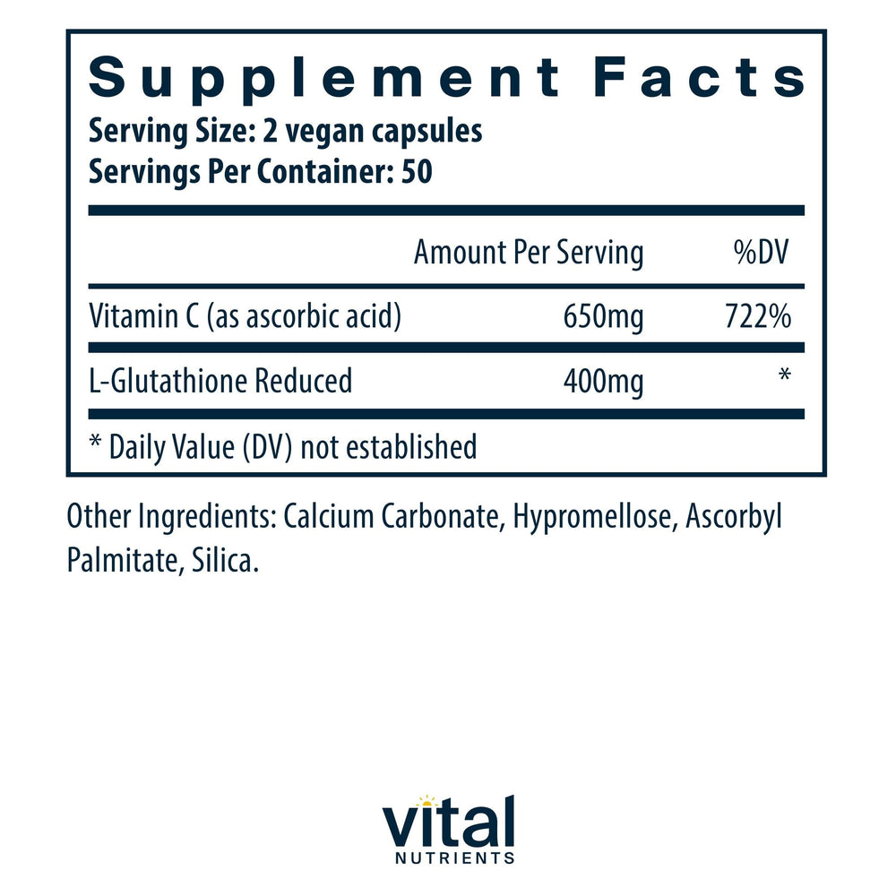 Vital Nutrients Glutathione capsules poured to illustrate easy daily intake