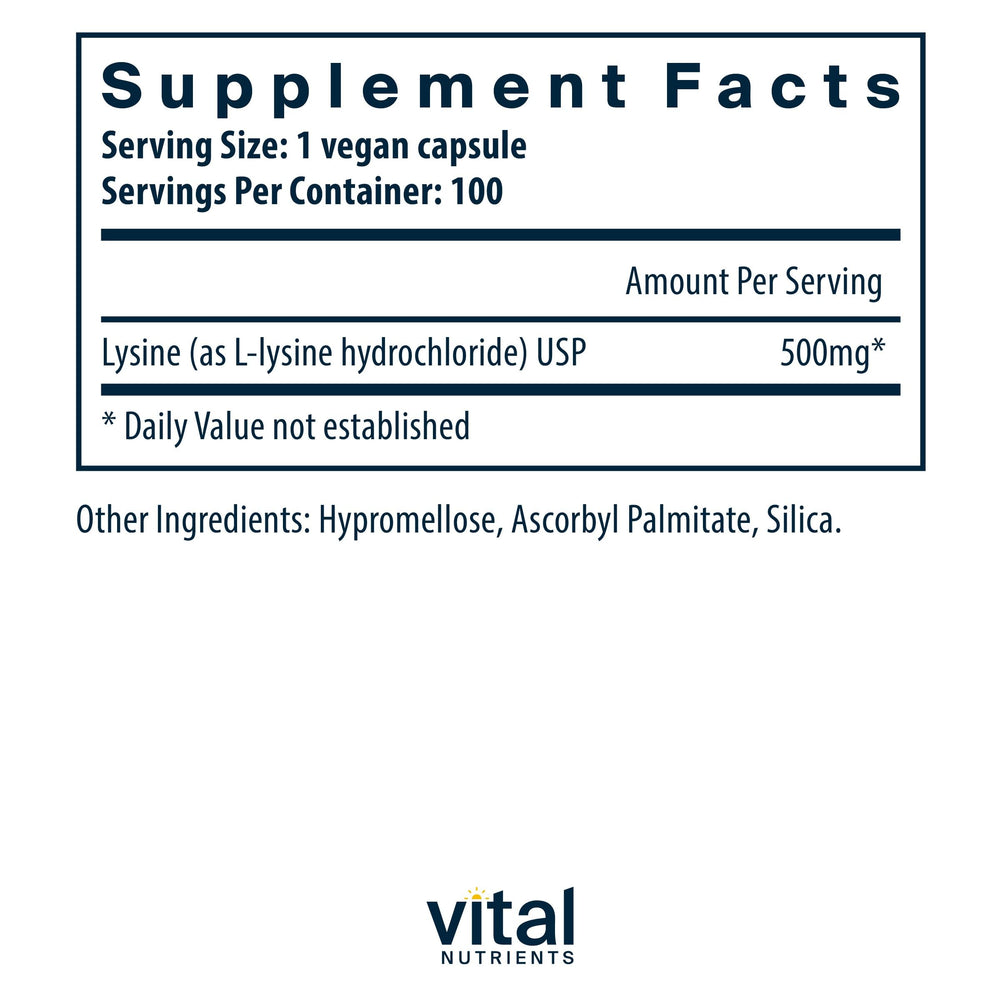 Back label of Vital Nutrients Lysine bottle showing supplement facts