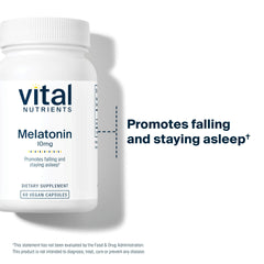 Vital Nutrients melatonin capsules resting near an alarm clock illustrate calm, restorative nights.