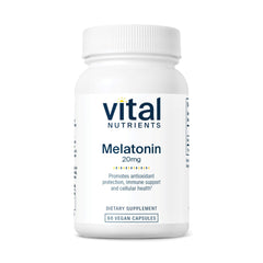 Vital Nutrients Melatonin 20mg bottle showing vegan sleep-support formula.