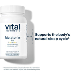 Vital Nutrients Melatonin 3mg allergen-free claim panel communicates gluten and dairy free status.