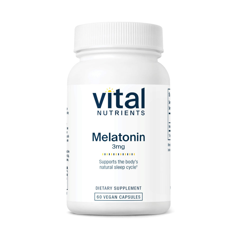 Vital Nutrients Melatonin 3mg bottle label highlights vegan, low-dose sleep support.
