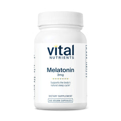 Vital Nutrients Melatonin 3mg bottle label highlights vegan, low-dose sleep support.