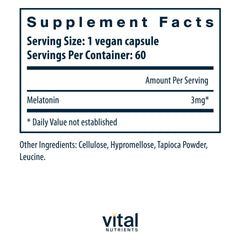 Vital Nutrients Melatonin 3mg ingredients panel shows vegan-friendly formula.