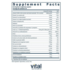 Supplement facts panel showing 20+ nutrients
