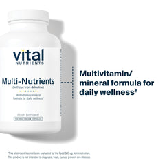 Vital Nutrients glass bottle with label displays allergen-free formula for clean daily wellness
