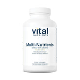 Vital Nutrients multi-nutrients bottle shows no iron or iodine for vegetarian daily use