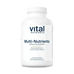 Vital Nutrients multi-nutrients bottle shows no iron or iodine for vegetarian daily use