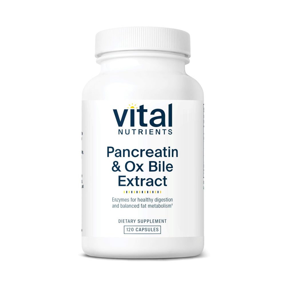 Bottle of Vital Nutrients Pancreatin & Ox Bile Extract 500mg with 120 capsules