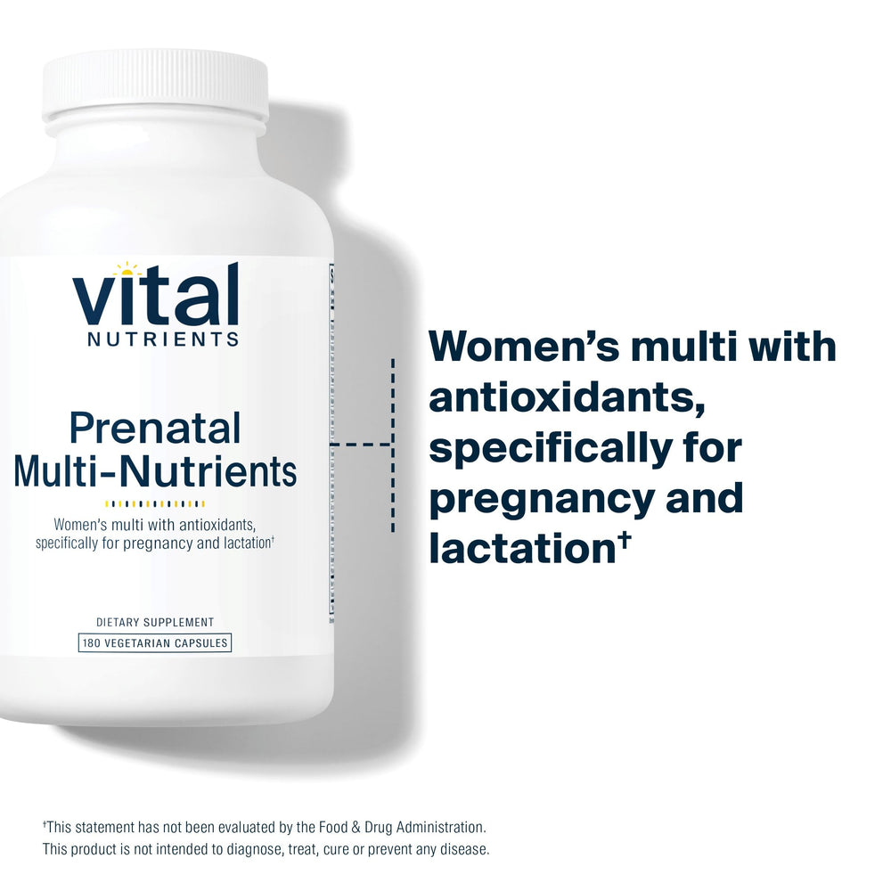 Vital Nutrients PreNatal Multi-Nutrients capsules closeup highlights easy-to-tolerate prenatal capsules.
