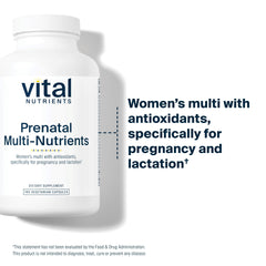 Vital Nutrients PreNatal Multi-Nutrients capsules closeup highlights easy-to-tolerate prenatal capsules.