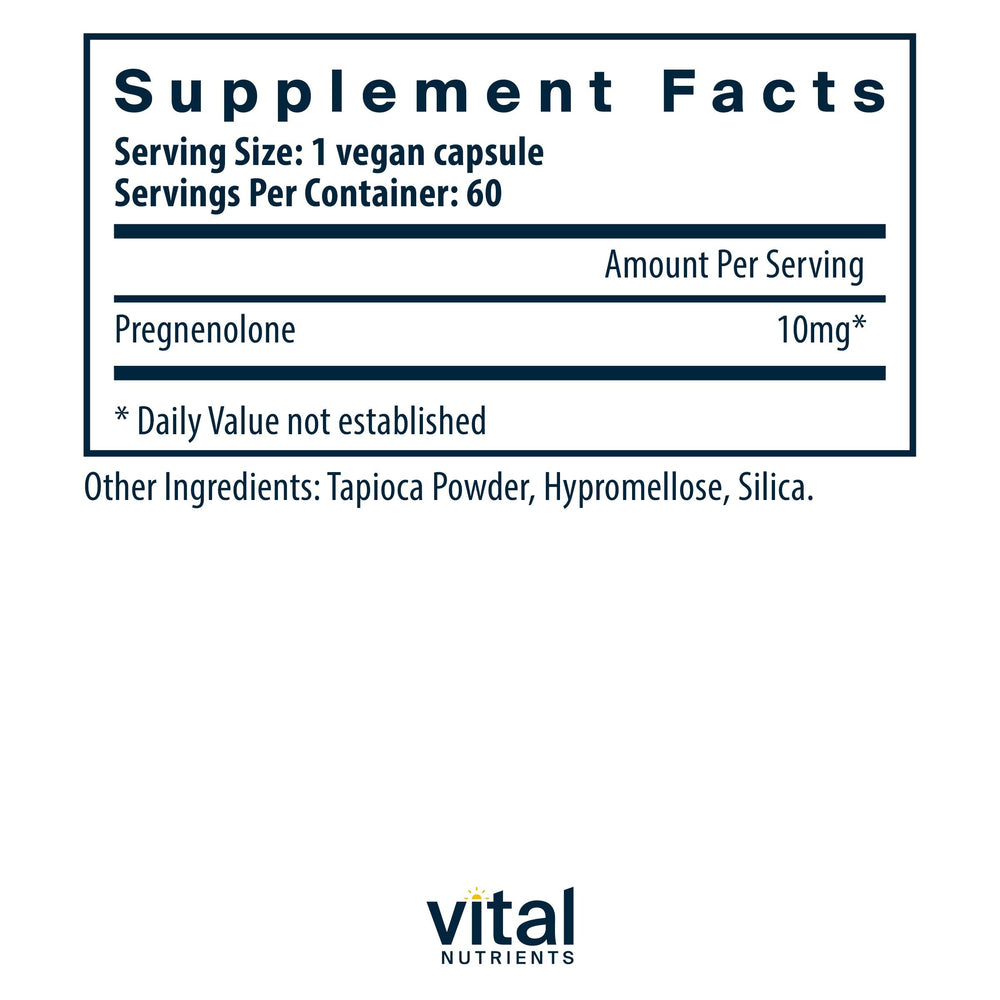 Close-up of Pregnenolone bottle label showing 10 mg