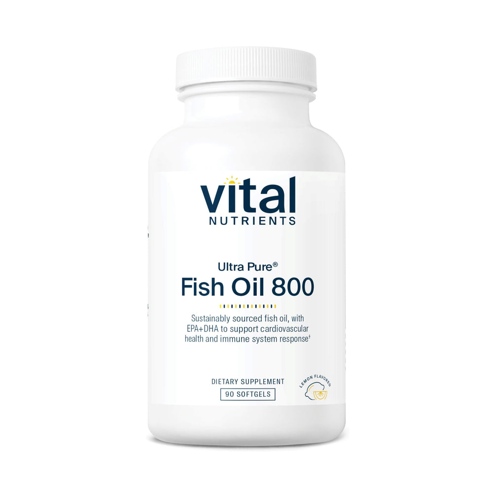 Front view of Vital Nutrients Ultra Pure Fish Oil 800 bottle with lemon flavor