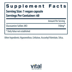 Back packaging of Vital Nutrients vegan glucosamine sulfate 750mg 60 capsules