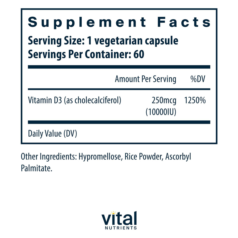 Close-up of 60 Vitamin D3 10000 IU capsules