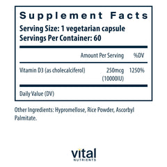 Close-up of 60 Vitamin D3 10000 IU capsules