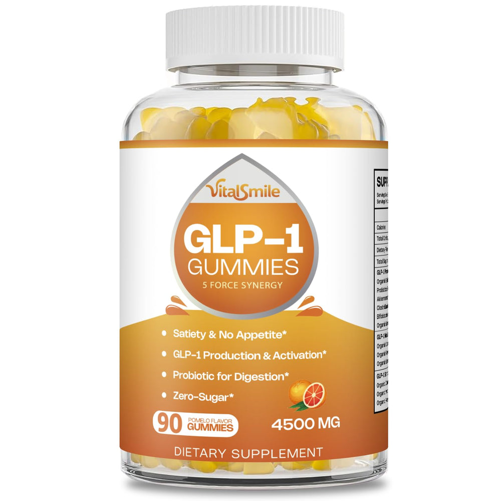 VitalSmiles GLP-1 Gummies bottle front shows zero-sugar GLP-1 support.