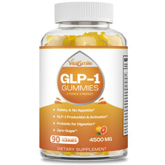 VitalSmiles GLP-1 Gummies bottle front shows zero-sugar GLP-1 support.