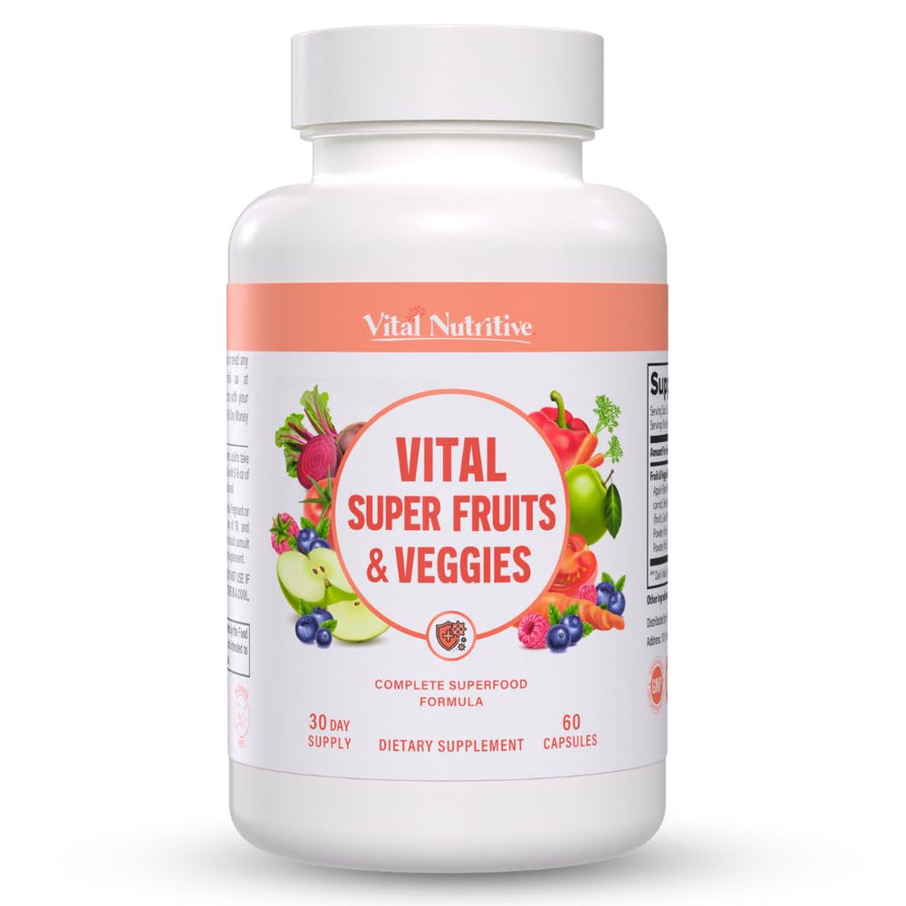 Vital Super Fruits & Veggies bottle with label on white background