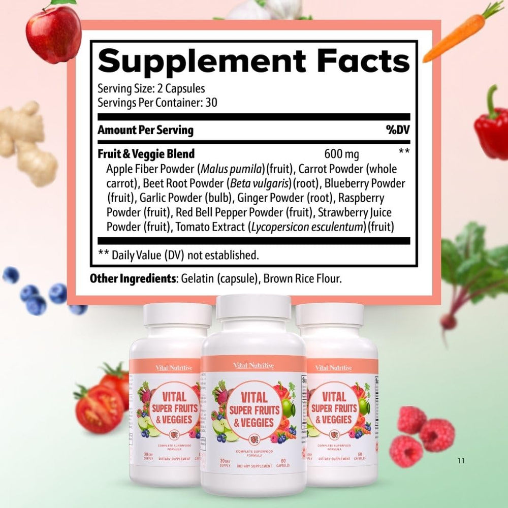Product shot of Vital Super Fruits & Veggies capsules on white background