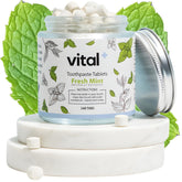 Front label of Vital Toothpaste Tabs showing 7% Nano-Hydroxyapatite