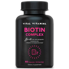 Vital Vitamins Biotin Complex bottle with 60 capsules on white background