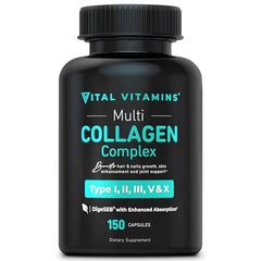 Front view of Vital Vitamins Multi Collagen bottle for women and men, 150 capsules