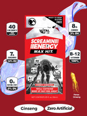 VITAL 4U Screamin Energy Max Hit ginseng and B vitamins label close-up.