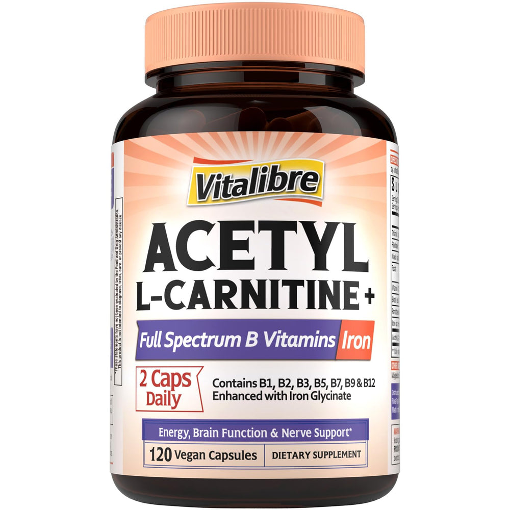 Front view of Vitalibre Acetyl-L-Carnitine HCl 1250mg bottle with B vitamins and iron label