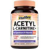 Front view of Vitalibre Acetyl-L-Carnitine HCl 1250mg bottle with B vitamins and iron label