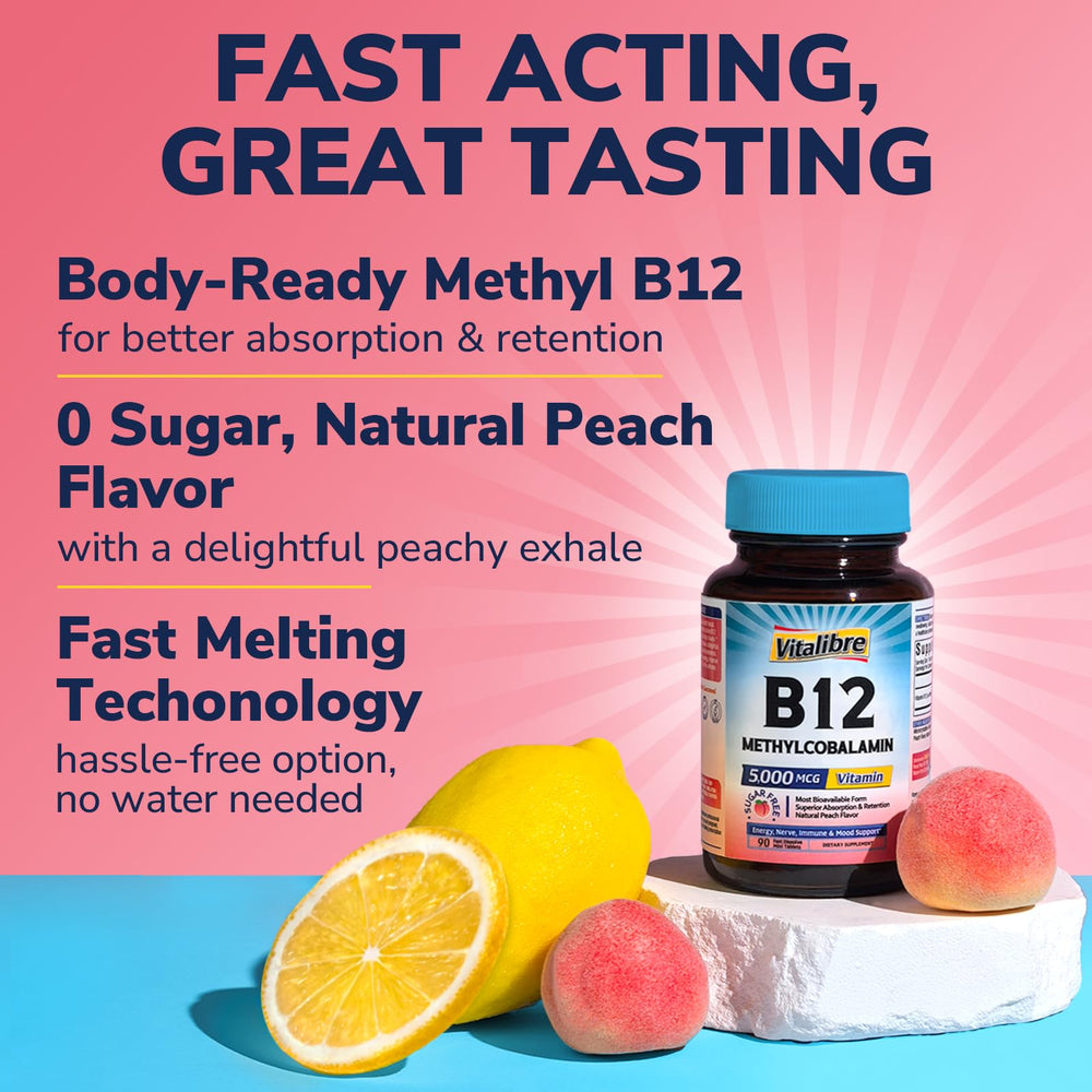Close-up of peach flavored B12 sublingual tablets