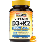 Bottle of Vitalibre Vitamin D3 K2 softgels, 60-count